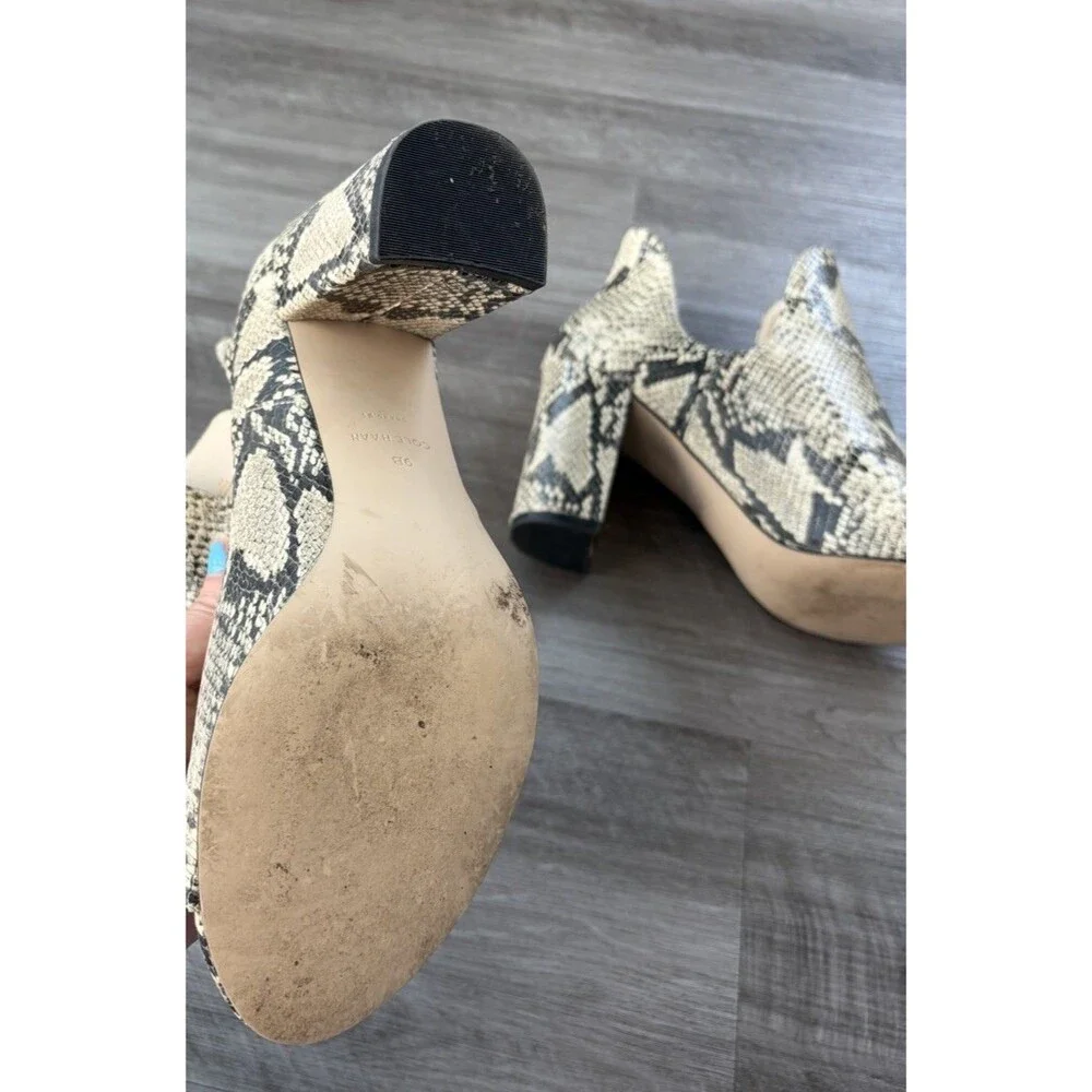 Cole Haan Electa Womens 9 Snake Print Leather Peep Toe Block Heel Pumps Booties